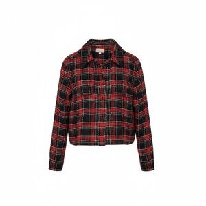 LOFT Red Black Plaid Tweed Jacket Womens Size M Cropped Double Breasted